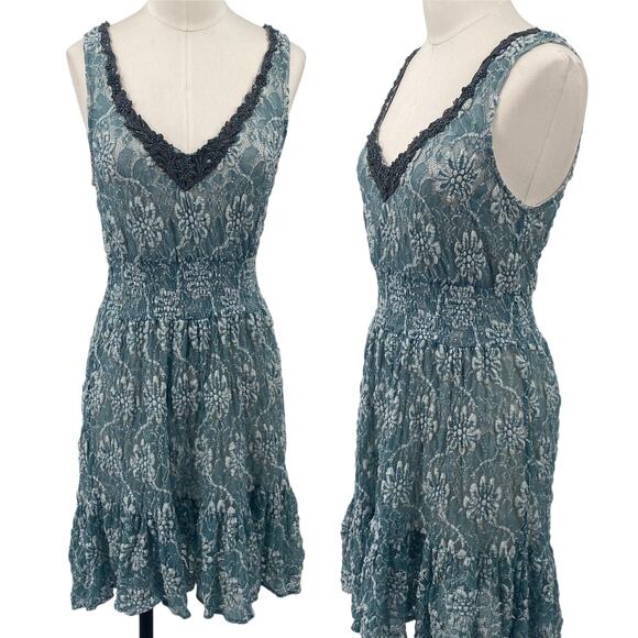 Free People Fit & Flare Mini Dress Floral Lace Beaded V Neck Sheer Teal Medium - Picture 1 of 8